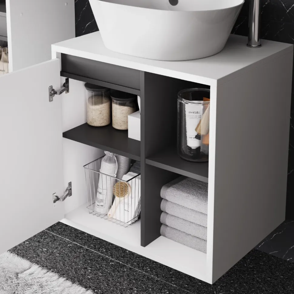 Vicco Badmöbel-Set Weiß/Grau Viola, bestehend aus Bad Spiegelschrank, Waschbeckenunterschrank, Hochschrank - Mehr Stauraum ohne Bodenfläche zu nutzen