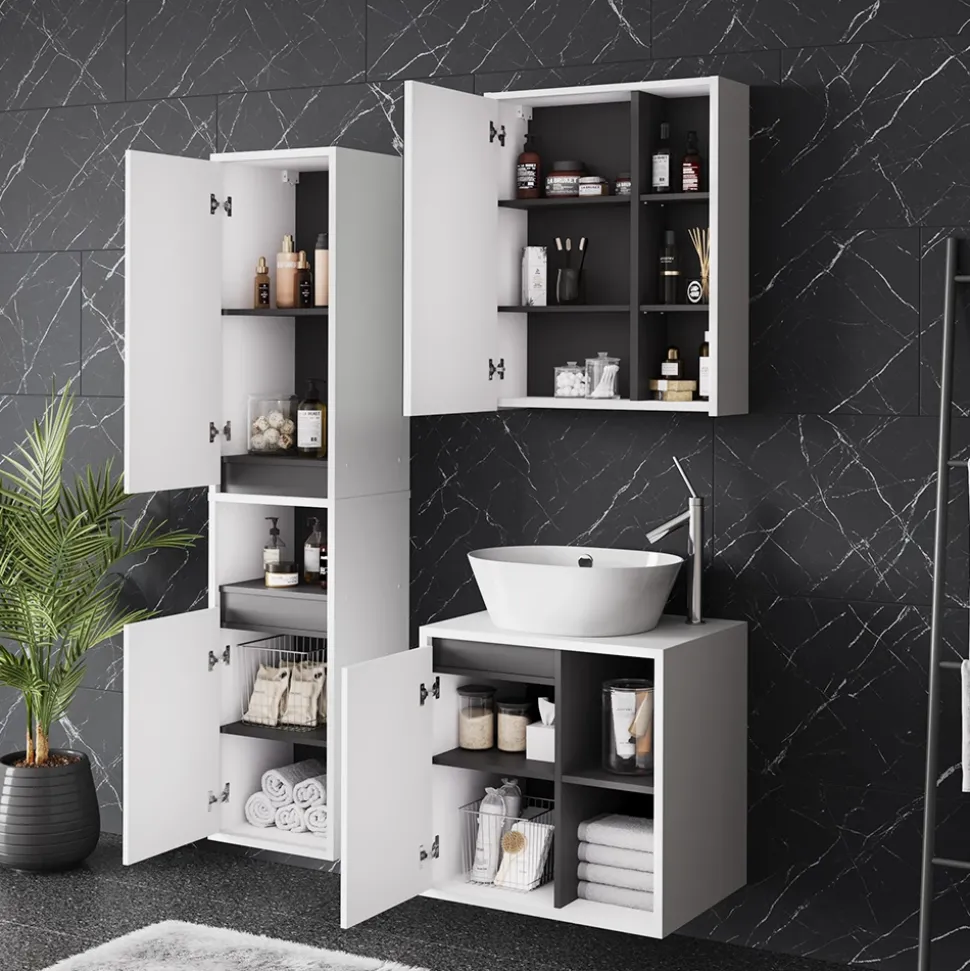 Vicco Badmöbel-Set Weiß/Grau Viola, bestehend aus Bad Spiegelschrank, Waschbeckenunterschrank, Hochschrank - Mehr Stauraum ohne Bodenfläche zu nutzen