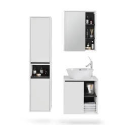 Vicco Badmöbel-Set Weiß/Grau Viola, bestehend aus Bad Spiegelschrank, Waschbeckenunterschrank, Hochschrank - Mehr Stauraum ohne Bodenfläche zu nutzen