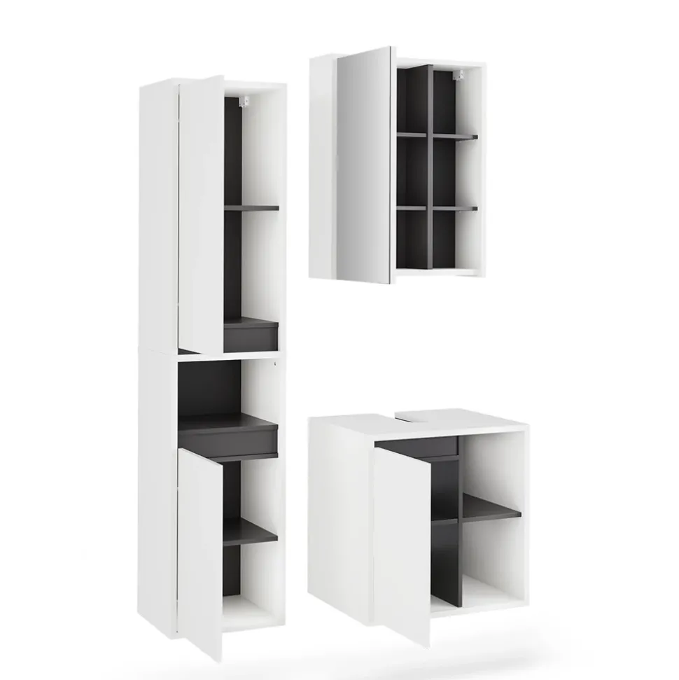Vicco Badmöbel-Set Weiß/Grau Viola, bestehend aus Bad Spiegelschrank, Waschbeckenunterschrank, Hochschrank - Mehr Stauraum ohne Bodenfläche zu nutzen