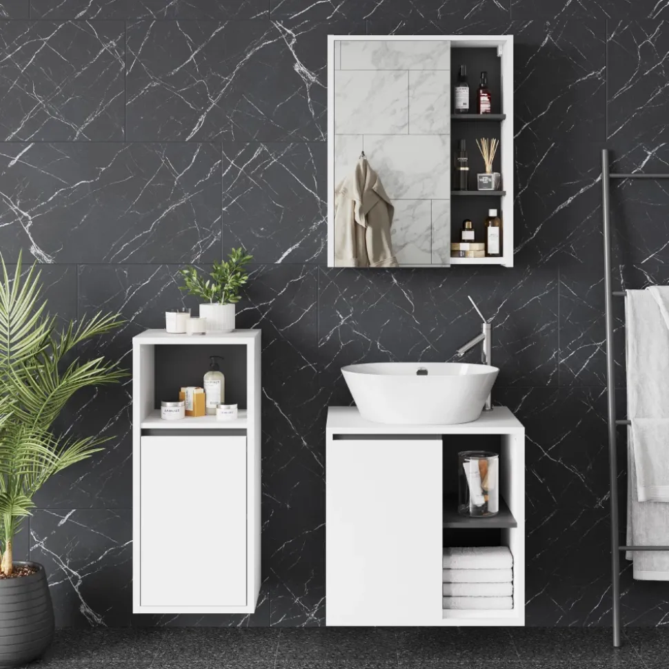 Vicco Badmöbel-Set Weiß/Grau Viola, bestehend aus Bad Spiegelschrank, Waschbeckenunterschrank, Midischrank - Mehr Stauraum ohne Bodenfläche zu nutzen