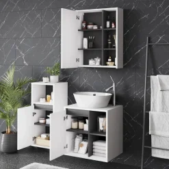 Vicco Badmöbel-Set Weiß/Grau Viola, bestehend aus Bad Spiegelschrank, Waschbeckenunterschrank, Midischrank - Mehr Stauraum ohne Bodenfläche zu nutzen