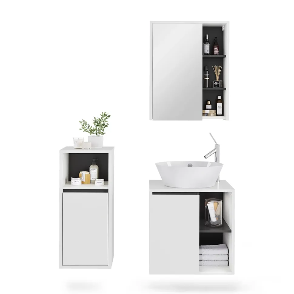 Vicco Badmöbel-Set Weiß/Grau Viola, bestehend aus Bad Spiegelschrank, Waschbeckenunterschrank, Midischrank - Mehr Stauraum ohne Bodenfläche zu nutzen