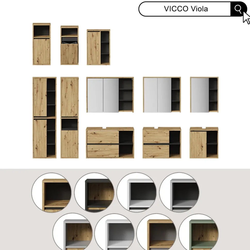 Vicco Badmöbel-Set Weiß/Grau Viola, bestehend aus Bad Spiegelschrank, Waschbeckenunterschrank, Midischrank - Mehr Stauraum ohne Bodenfläche zu nutzen
