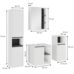 Vicco Badmöbel-Set Weiß/Grau Viola, bestehend aus Badspiegelschrank, Waschbeckenunterschrank, Midischrank, Hochschrank - Mehr Stauraum ohne Bodenfläche zu nutzen