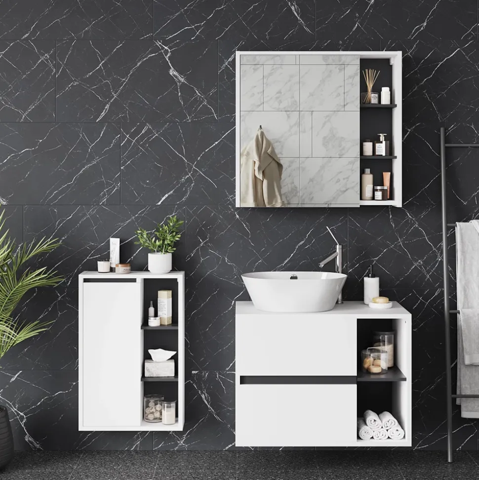 Vicco Badmöbel-Set Weiß/Grau Viola, bestehend aus Bad Spiegelschrank, Waschbeckenunterschrank, Midischrank - Mehr Stauraum ohne Bodenfläche zu nutzen