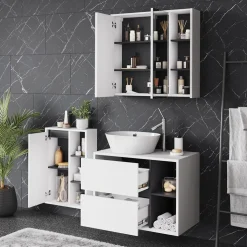 Vicco Badmöbel-Set Weiß/Grau Viola, bestehend aus Bad Spiegelschrank, Waschbeckenunterschrank, Midischrank - Mehr Stauraum ohne Bodenfläche zu nutzen