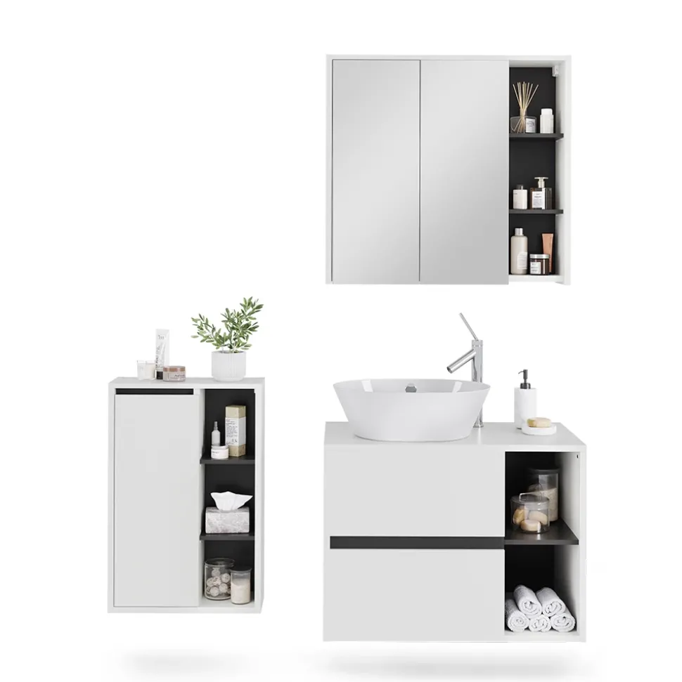 Vicco Badmöbel-Set Weiß/Grau Viola, bestehend aus Bad Spiegelschrank, Waschbeckenunterschrank, Midischrank - Mehr Stauraum ohne Bodenfläche zu nutzen