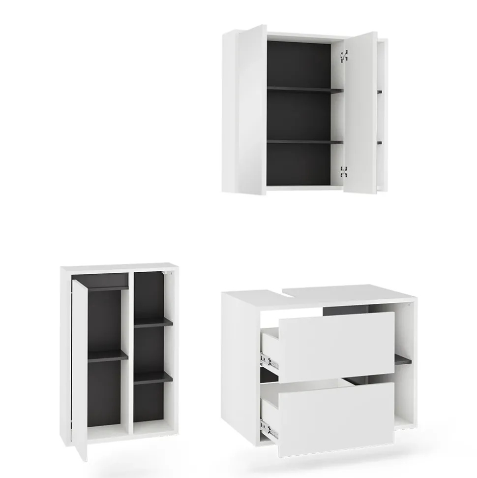 Vicco Badmöbel-Set Weiß/Grau Viola, bestehend aus Bad Spiegelschrank, Waschbeckenunterschrank, Midischrank - Mehr Stauraum ohne Bodenfläche zu nutzen