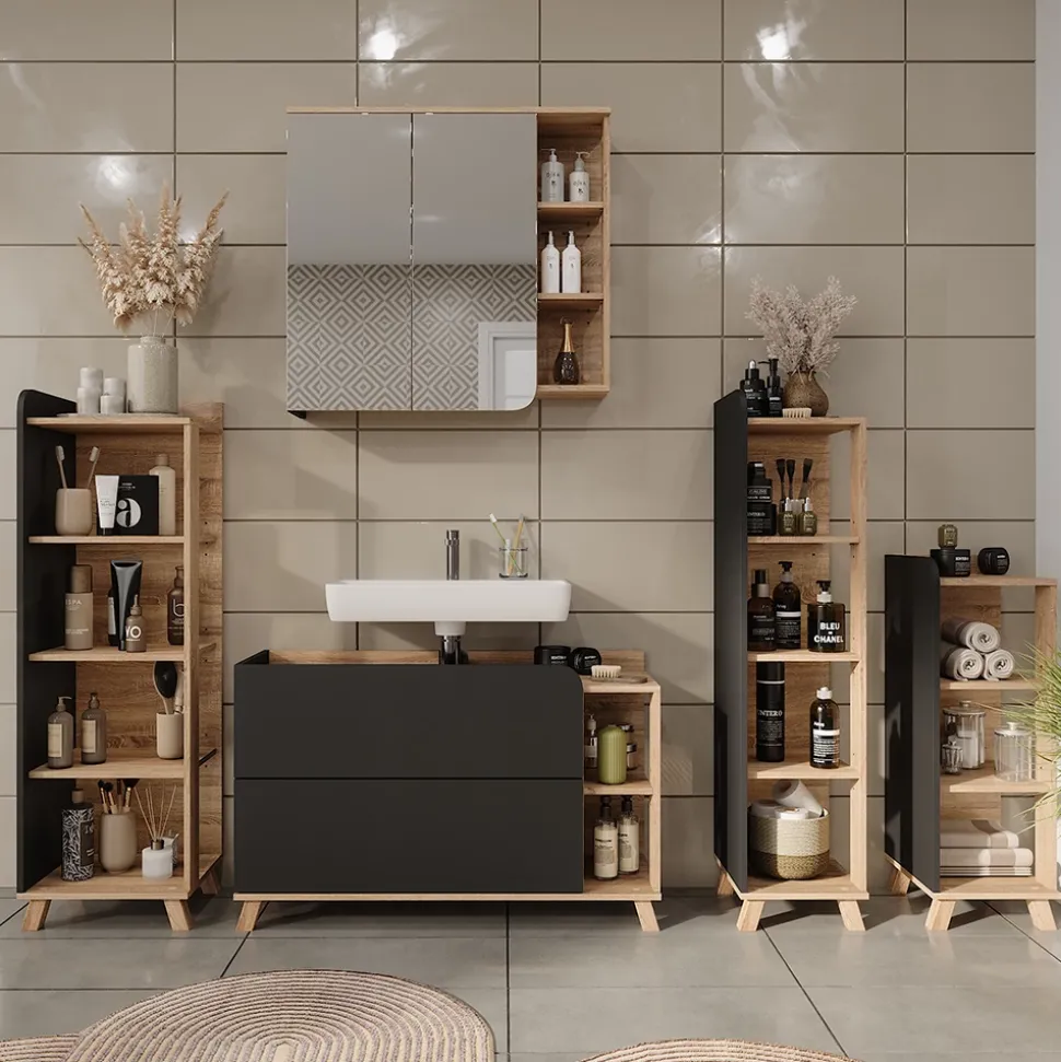 Vicco Badregal Sonoma/Anthrazit Karen 40x128x35 cm - Die Badezimmermöbel, Mehr Ordnung im Badezimmer durch übersichtliche Ablage