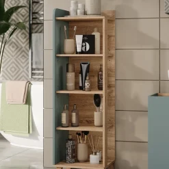 Vicco Badregal Sonoma/Blau Karen 40x128x35 cm - Die Badezimmermöbel, Mehr Ordnung im Badezimmer durch übersichtliche Ablage