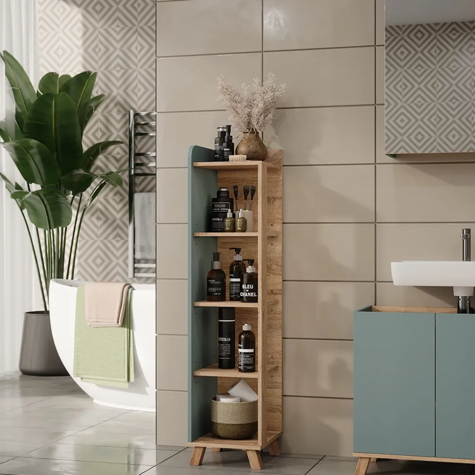 Vicco Badregal Sonoma/Blau Karen 30x128x35 cm - Die Badezimmermöbel, Mehr Ordnung im Badezimmer durch übersichtliche Ablage