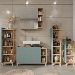 Vicco Badregal Sonoma/Blau Karen 30x128x35 cm - Die Badezimmermöbel, Mehr Ordnung im Badezimmer durch übersichtliche Ablage