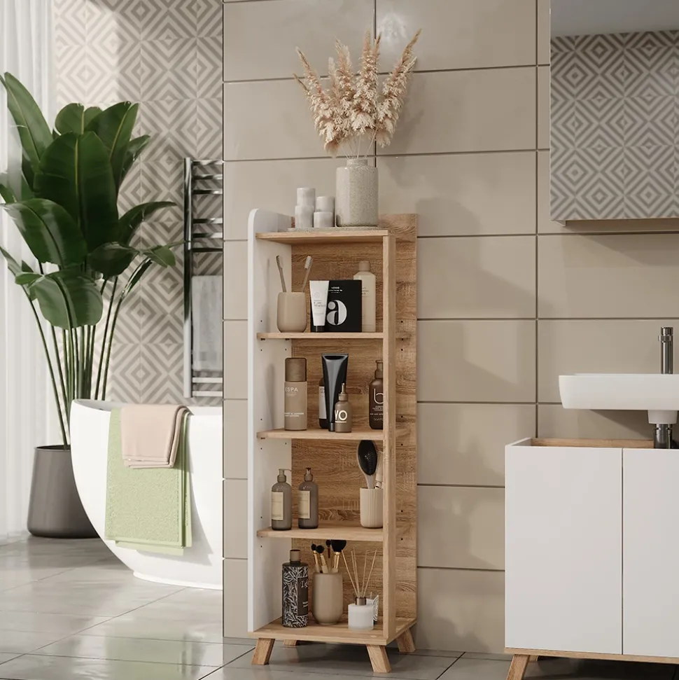 Vicco Badregal Sonoma/Weiß Karen 40x128x35 cm - Die Badezimmermöbel, Mehr Ordnung im Badezimmer durch übersichtliche Ablage