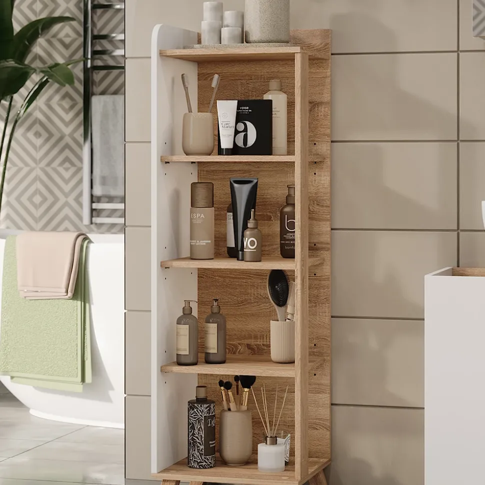 Vicco Badregal Sonoma/Weiß Karen 40x128x35 cm - Die Badezimmermöbel, Mehr Ordnung im Badezimmer durch übersichtliche Ablage