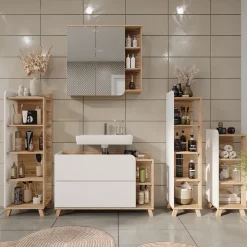 Vicco Badregal Sonoma/Weiß Karen 40x128x35 cm - Die Badezimmermöbel, Mehr Ordnung im Badezimmer durch übersichtliche Ablage