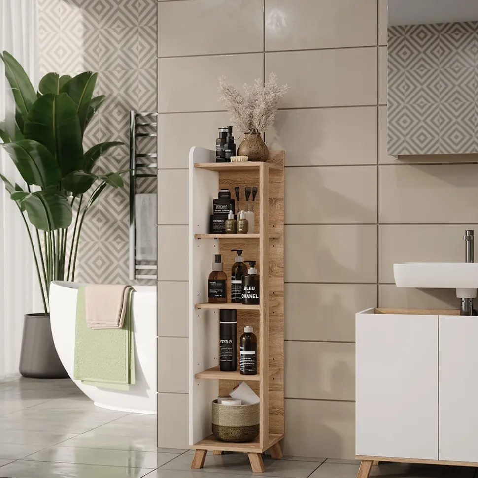 Vicco Badregal Sonoma/Weiß Karen 30x128x35 cm - Die Badezimmermöbel, Mehr Ordnung im Badezimmer durch übersichtliche Ablage