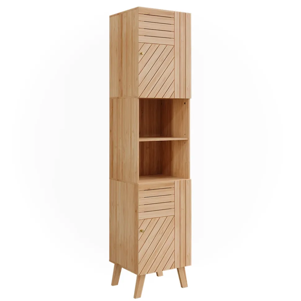 Vicco Badschrank Bambus Lucie 40x177x36 cm - Hochschrank, Kombination aus offenen Fächern und Türen für flexible Nutzung
