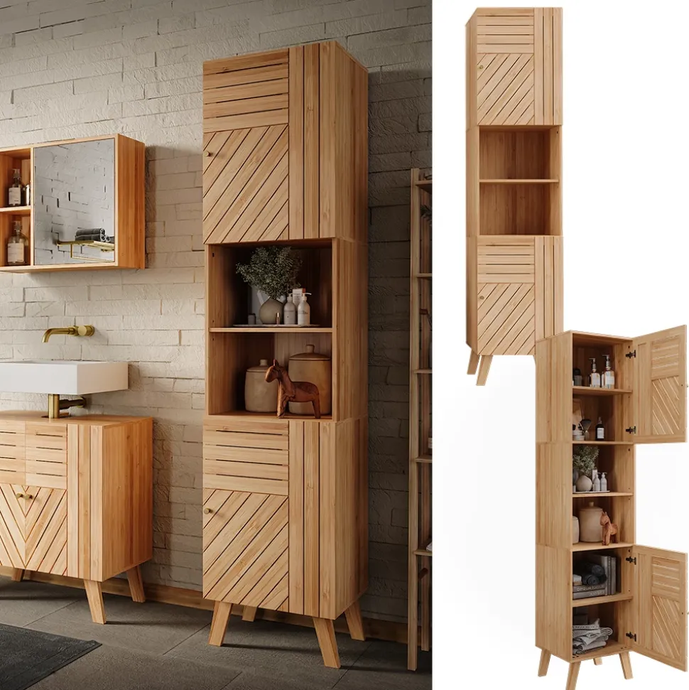 Vicco Badschrank Bambus Lucie 40x177x36 cm - Hochschrank, Kombination aus offenen Fächern und Türen für flexible Nutzung