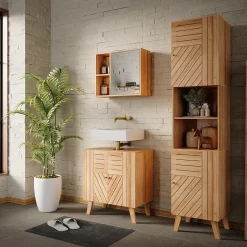 Vicco Badschrank Bambus Lucie 40x177x36 cm - Hochschrank, Kombination aus offenen Fächern und Türen für flexible Nutzung