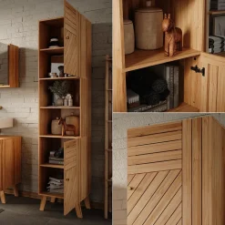 Vicco Badschrank Bambus Lucie 40x177x36 cm - Hochschrank, Kombination aus offenen Fächern und Türen für flexible Nutzung