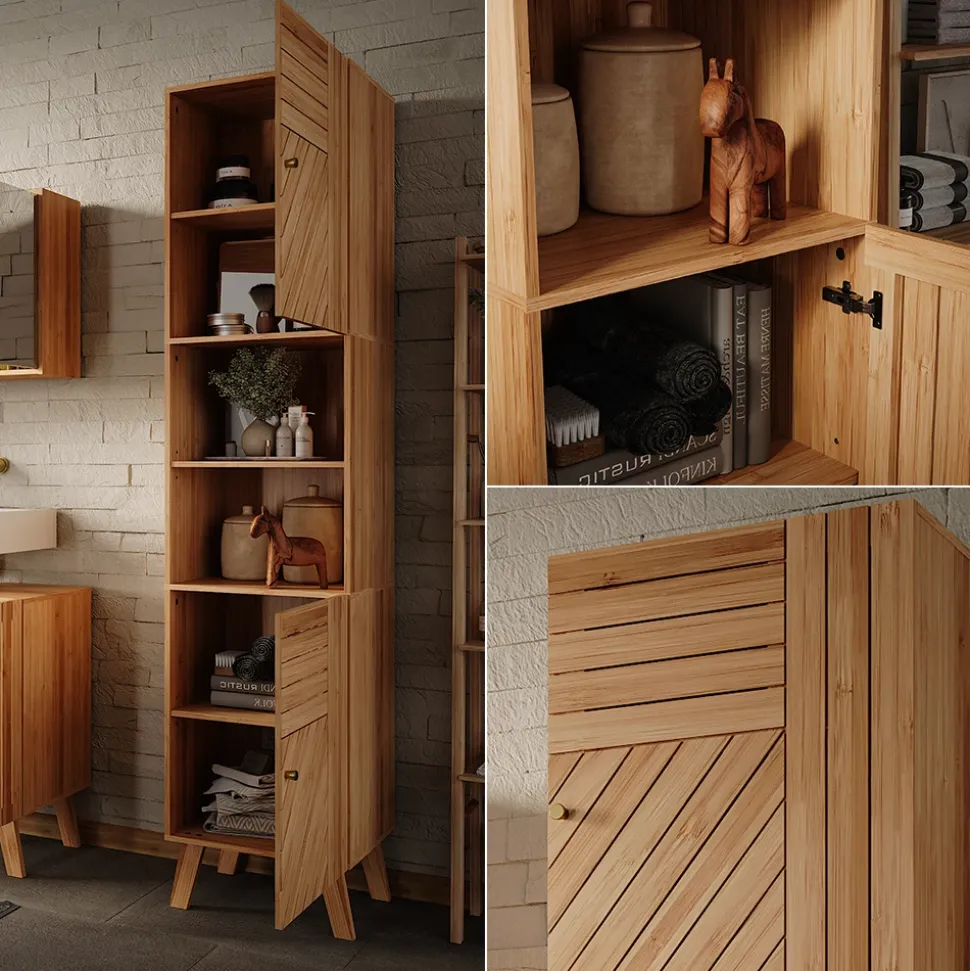 Vicco Badschrank Bambus Lucie 40x177x36 cm - Hochschrank, Kombination aus offenen Fächern und Türen für flexible Nutzung