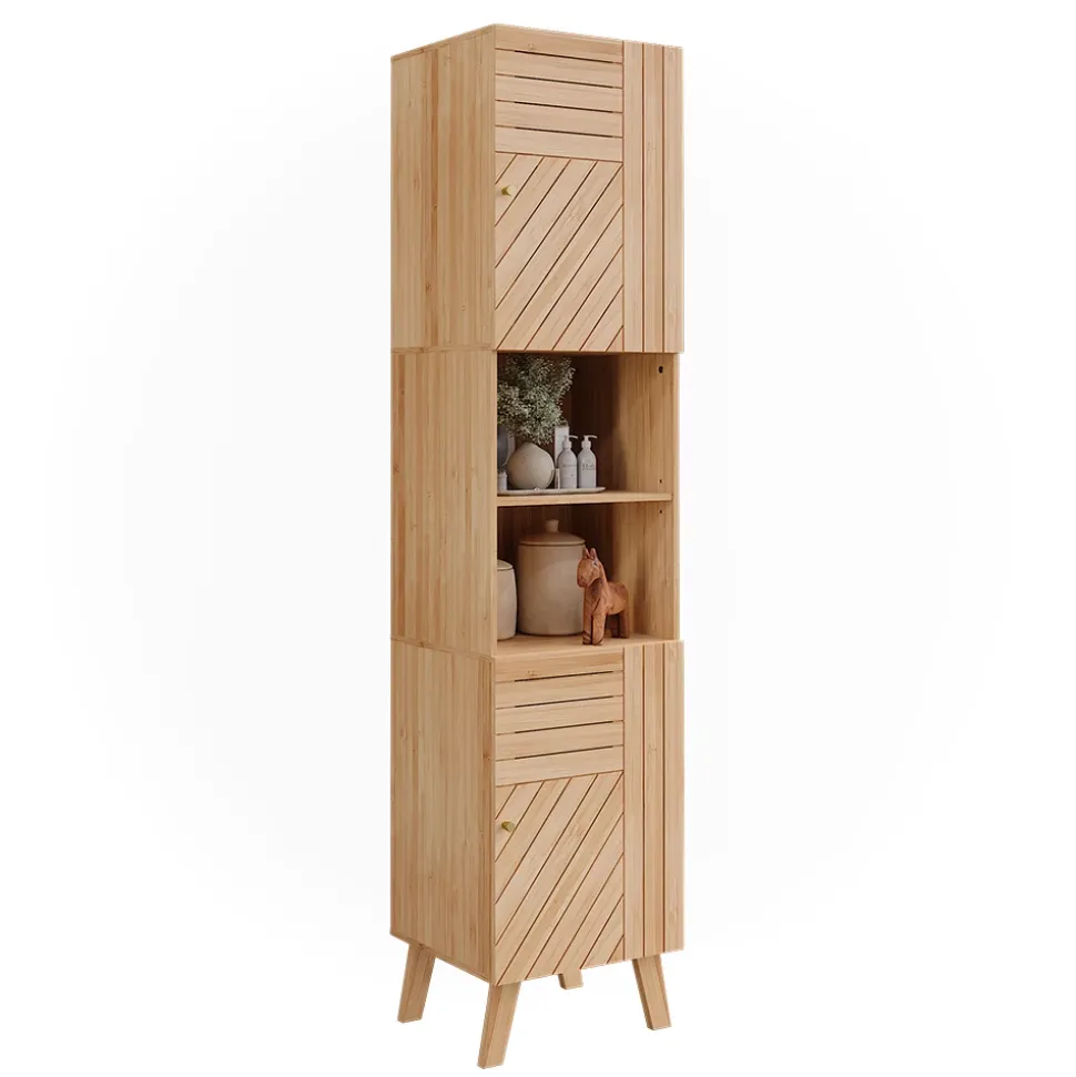 Vicco Badschrank Bambus Lucie 40x177x36 cm - Hochschrank, Kombination aus offenen Fächern und Türen für flexible Nutzung