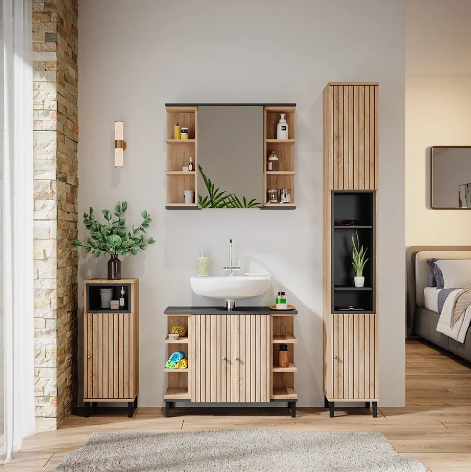 Vicco Badschrank Sonoma Aquis 30x190x30 cm - Wäscheschrank, Kombination aus offenen Fächern und Türen für flexible Nutzung