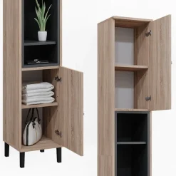 Vicco Badschrank Sonoma Aquis 30x190x30 cm - Wäscheschrank, Kombination aus offenen Fächern und Türen für flexible Nutzung