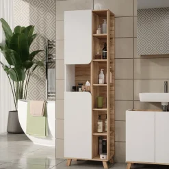 Vicco Badschrank Sonoma/Weiß Karen 50x175x35 cm - Hochschrank, Mehr Ordnung im Badezimmer durch übersichtliche Ablage