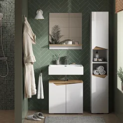 Vicco Badschrank Weiß Marelle 30x180x35 cm - Wäscheschrank, Grifflose Fronten für eine moderne Optik