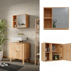 Vicco Badspiegelschrank Bambus Lucie 54x45x20 cm - Badezimmerschrank mit Spiegel, Kombination aus offenen Fächern und Türen für flexible Nutzung