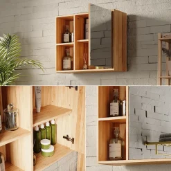 Vicco Badspiegelschrank Bambus Lucie 54x45x20 cm - Badezimmerschrank mit Spiegel, Kombination aus offenen Fächern und Türen für flexible Nutzung