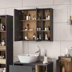 Vicco Badspiegelschrank Grau/Artisan Viola 80x75x18 cm - Badezimmerschrank mit Spiegel, Übersichtliche Organisation dank cleverer Fächeraufteilung