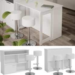 Vicco Bartisch-Set Dominic, Bartresen und Hocker, Weiß, 116 x 37 cm mit 2 Barhockern