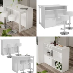 Vicco Bartisch-Set Dominic, Bartresen und Hocker, Weiß, 116 x 37 cm mit 2 Barhockern