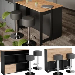 Vicco Bartisch-Set "Dominic", Goldkraft Eiche/Anthrazit, 116 x 37 cm mit 2 Barhockern