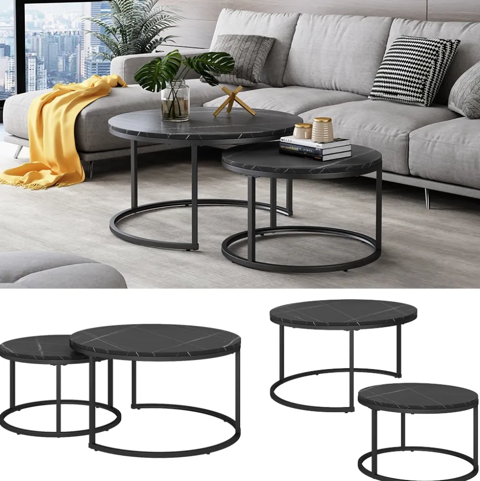 Vicco Couchtisch-Set "Montreal", Schwarz/Schwarzer Marmor, 77 x 40 cm 2 Teile