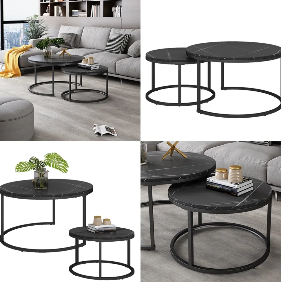 Vicco Couchtisch-Set "Montreal", Schwarz/Schwarzer Marmor, 77 x 40 cm 2 Teile