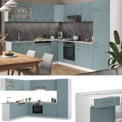 Vicco Eckküche R-Line, Küchenzeile in L-Form, Blau-Grau/Weiß, 227 x 287 cm, AP Marmor