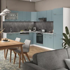 Vicco Eckküche R-Line, Küchenzeile in L-Form, Blau-Grau/Weiß, 227 x 287 cm, AP Marmor