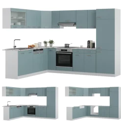 Vicco Eckküche R-Line, Küchenzeile in L-Form, Blau-Grau/Weiß, 227 x 287 cm, AP Marmor