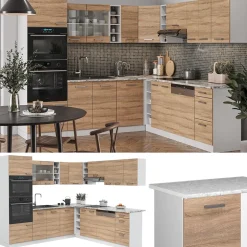 Vicco Eckküche R-Line, Küchenzeile in L-Form, Sonoma/Weiß, 237 x 247 cm ohne Arbeitsplatte