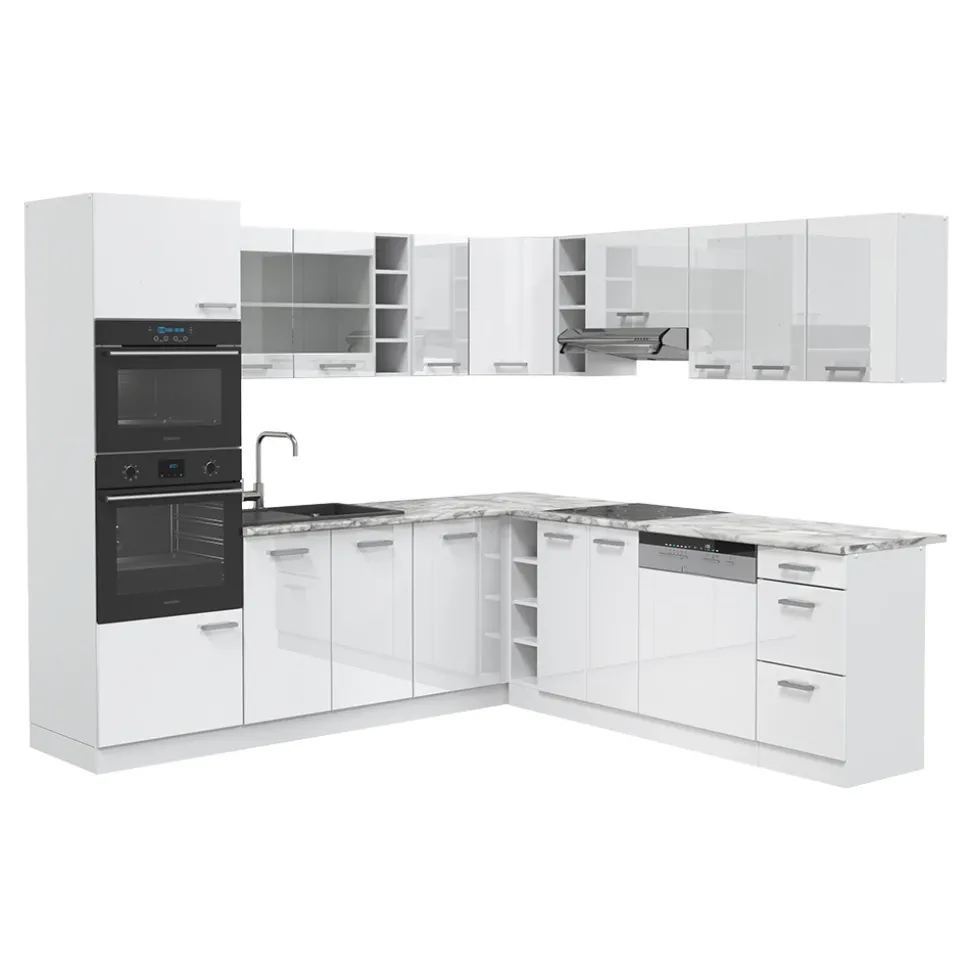 Vicco Eckküche R-Line, Küchenzeile in L-Form, Weiß Hochglanz/Weiß, 237 x 247 cm, AP Marmor