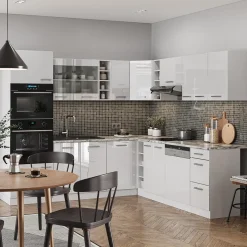 Vicco Eckküche R-Line, Küchenzeile in L-Form, Weiß Hochglanz/Weiß, 237 x 247 cm, AP Marmor