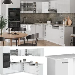 Vicco Eckküche R-Line, Küchenzeile in L-Form, Weiß Hochglanz/Weiß, 237 x 247 cm, AP Marmor