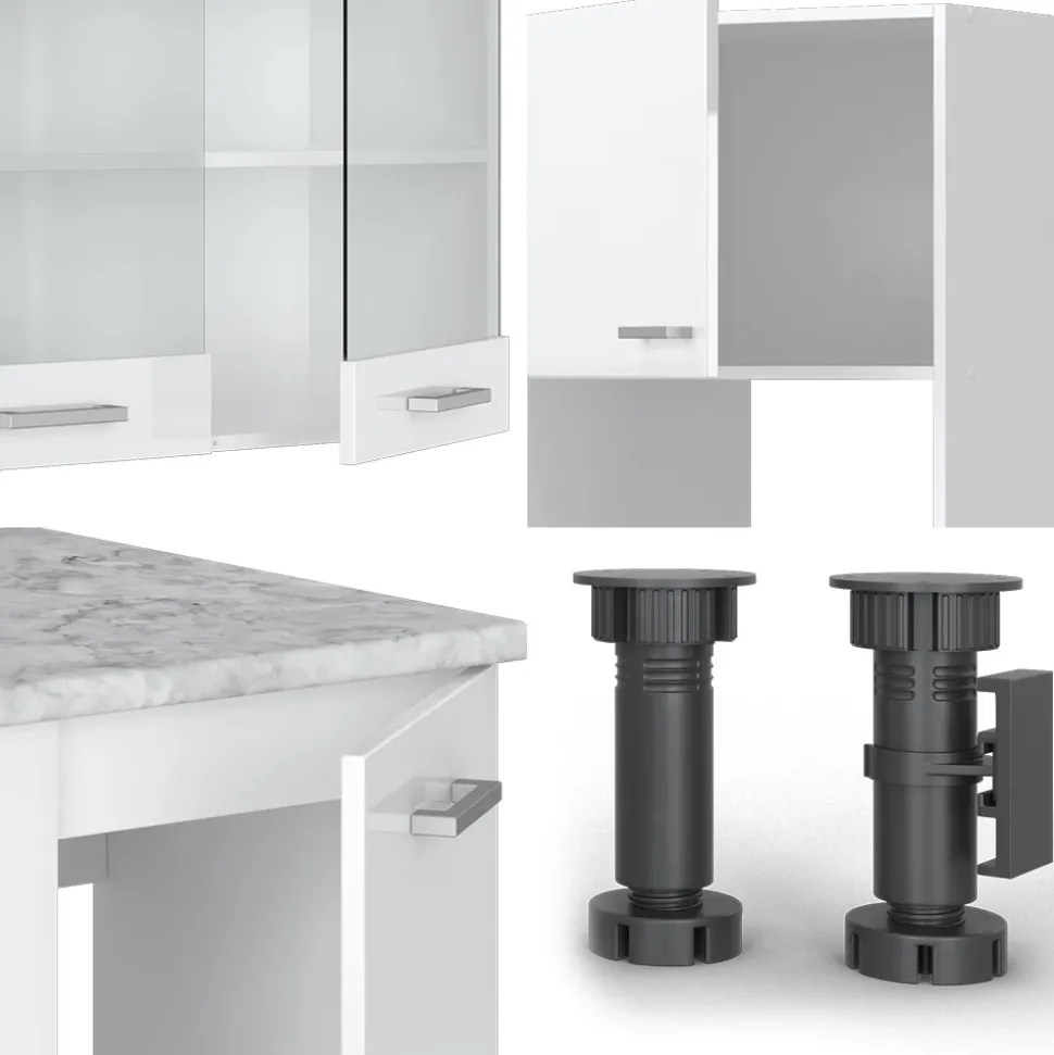 Vicco Eckküche R-Line, Küchenzeile in L-Form, Weiß Hochglanz/Weiß, 237 x 247 cm, AP Marmor