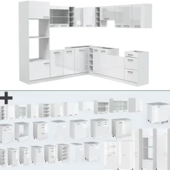 Vicco Eckküche R-Line, Küchenzeile in L-Form, Weiß Hochglanz/Weiß, 237 x 247 cm, AP Marmor