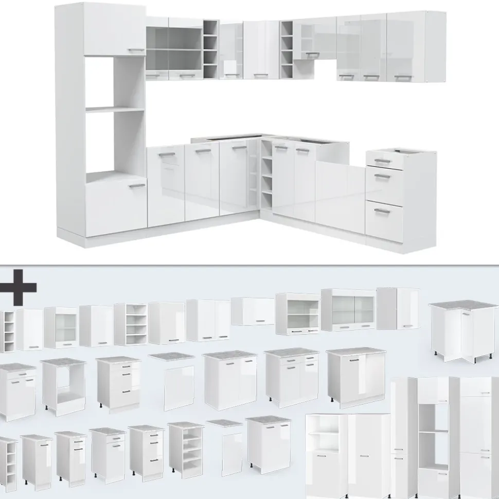 Vicco Eckküche R-Line, Küchenzeile in L-Form, Weiß Hochglanz/Weiß, 237 x 247 cm, AP Marmor