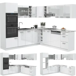 Vicco Eckküche R-Line, Küchenzeile in L-Form, Weiß Hochglanz/Weiß, 237 x 247 cm, AP Marmor